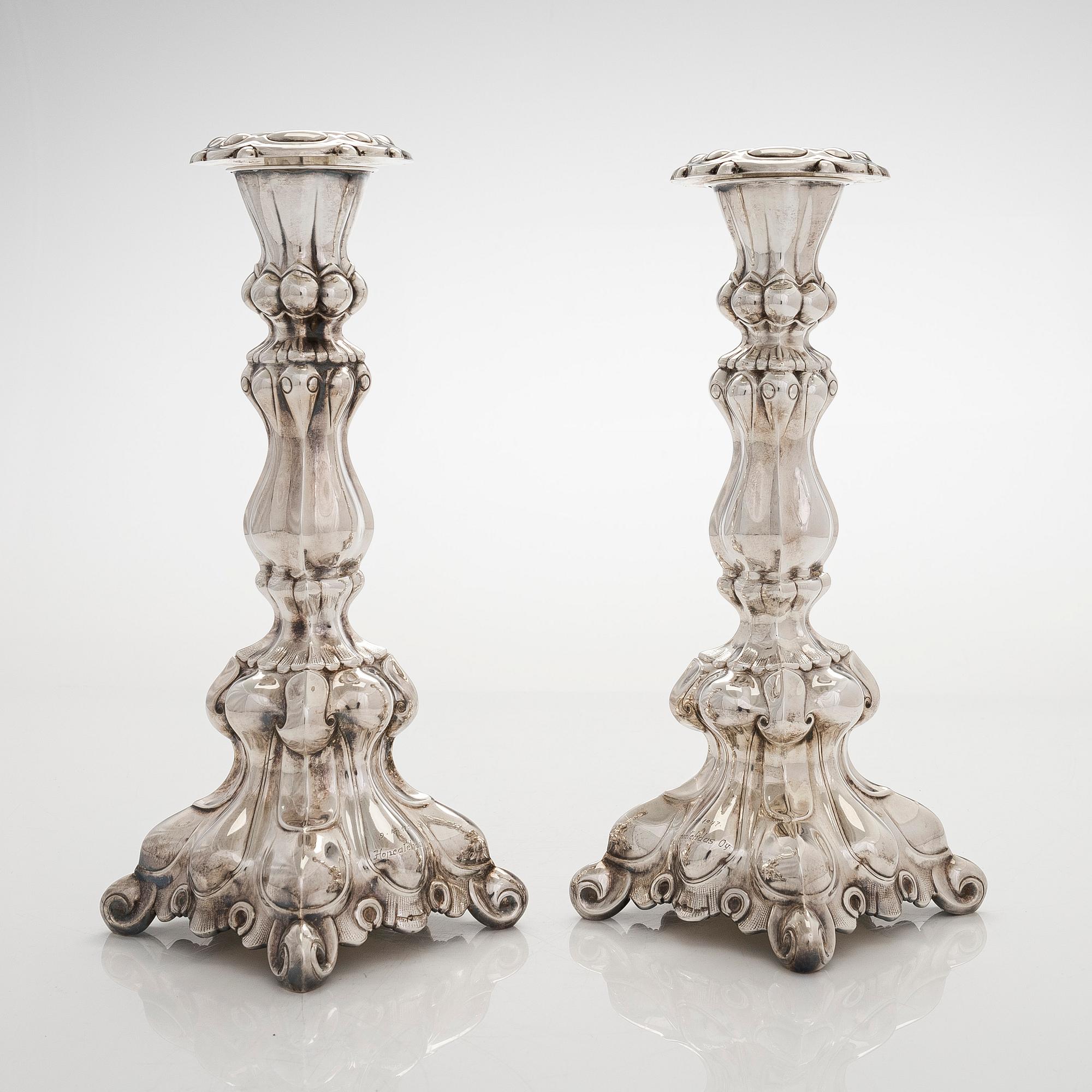 A pair of baroque style silver candlesticks, Hopeatehdas Oy, Helsinki 1947.