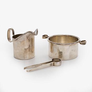 Bertel Gardberg, silver sugar tongs, sugar bowl, and cream jug. Helsinki 1960 and Turku 1965.