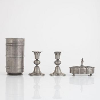 Edvin Ollers, a vase, a pair of candlesticks and a box, including Stockholm 1944.