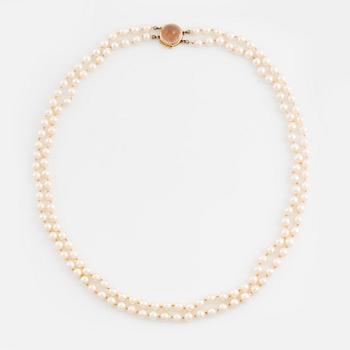Two strand cultured pearl necklace, 18K gold clasp with rutile quartz.