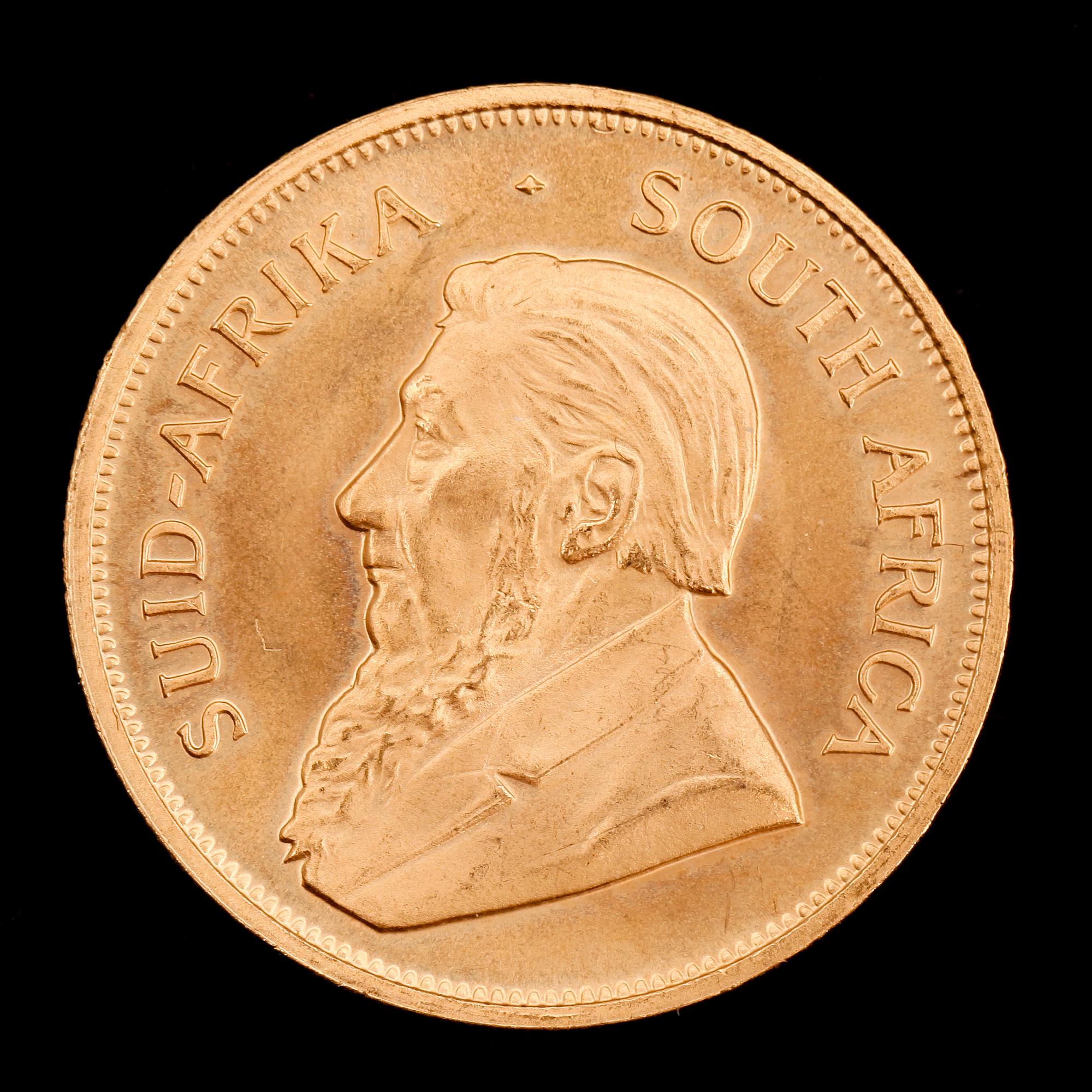 GULDMYNT, finguld, Krugerrand, Sydafrika, 1977. Vikt ca 34 g.