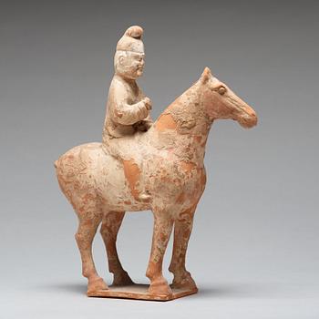 A painted pottery figure of an equestrian standard-bearer, Tang dynasty (618-907 AD.).