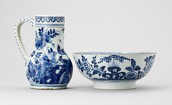 SKÅL SAMT KANNA, fajans, 1700/1800-tal.