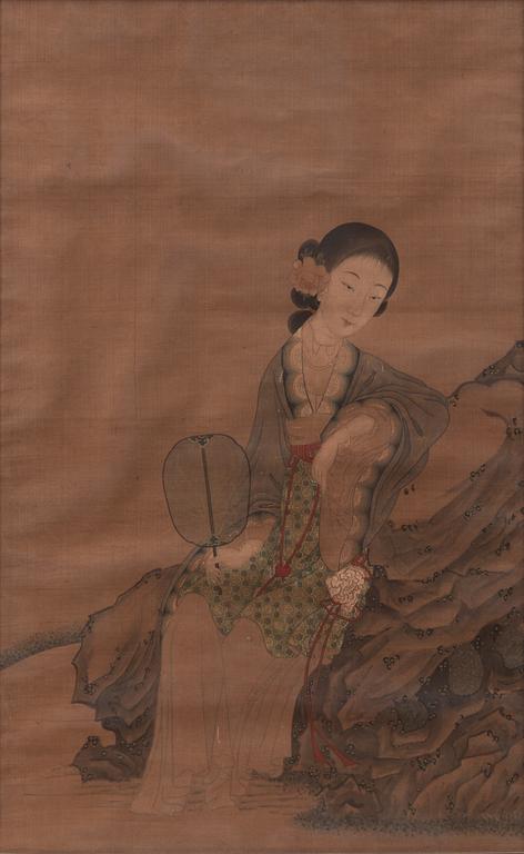 Oidentifierad konstnär, Elegant dam med fläkta, omkring 1900.