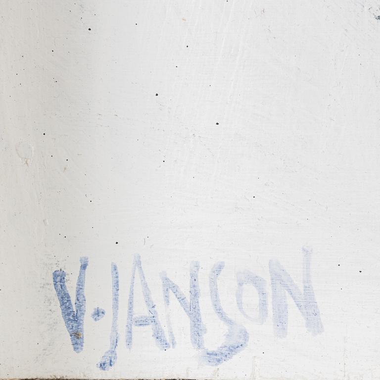 Vide Janson, relief, bemålat trä, signerad.