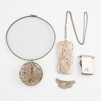 Lars Arby, four pendants with a chain and a neck ring, silver, Gothenburg 1965, 1969, 1976 and 1982.