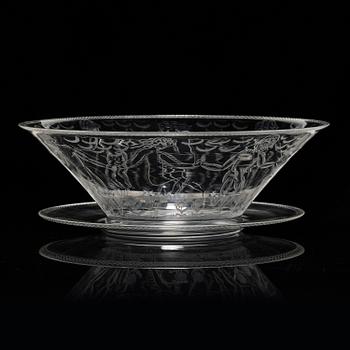 Edward Hald, an engraved glass bowl with plate, Orrefors, Sweden, 1926, model 305, engraved by Emil Goldmann.