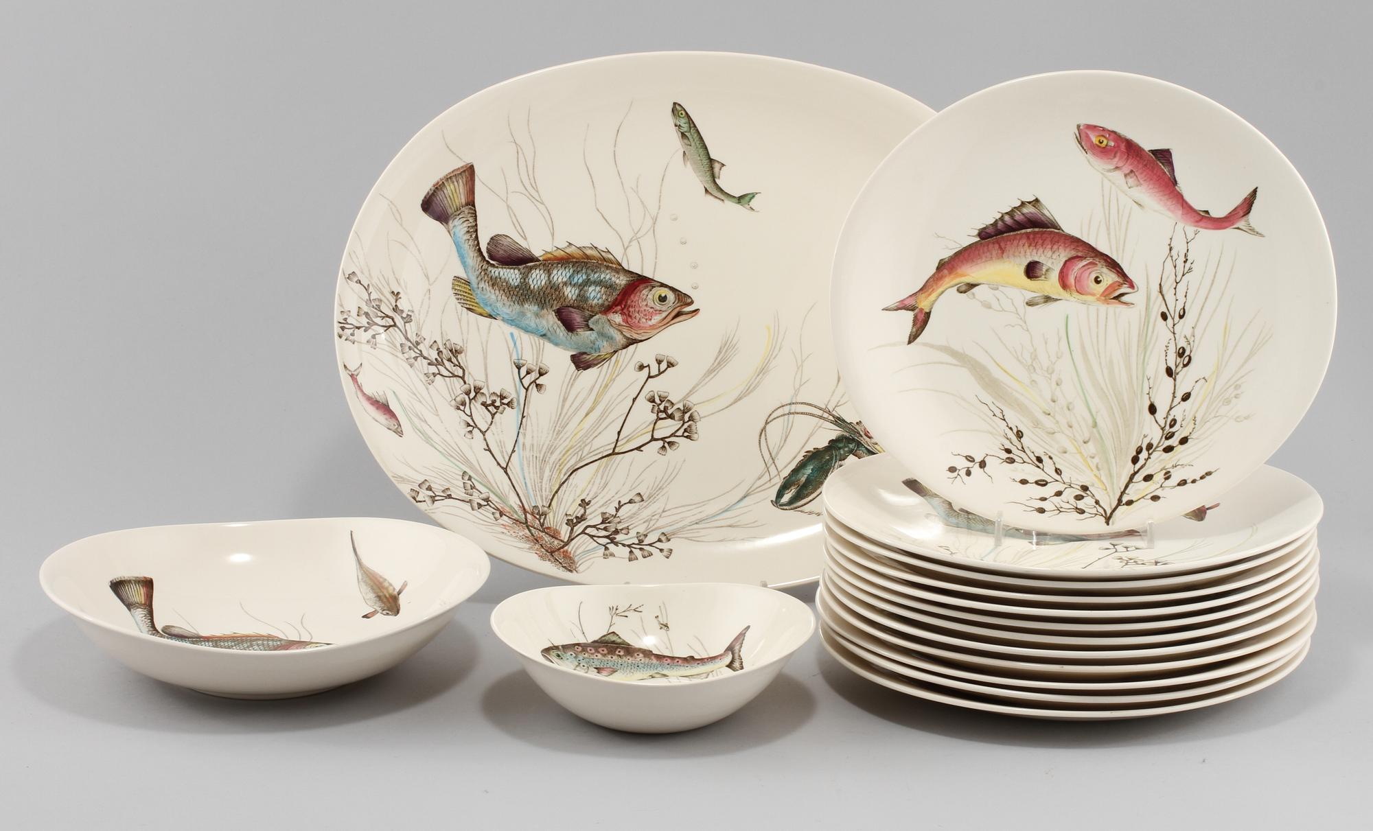 FISKSERVIS, 15 delar, flintgods, "Fish", Johnson Bros, 1900-tal.