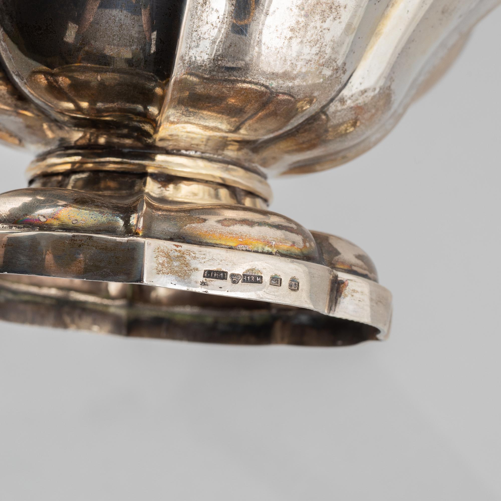 A silver coffee pot and a sugarbowl, marks of J. Mynttinen, Helsinki, Finland 1932.