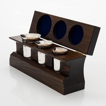 Three spirit measuring cups, silver 830, in a wooden box, Kultakeskus, Finland 1983.