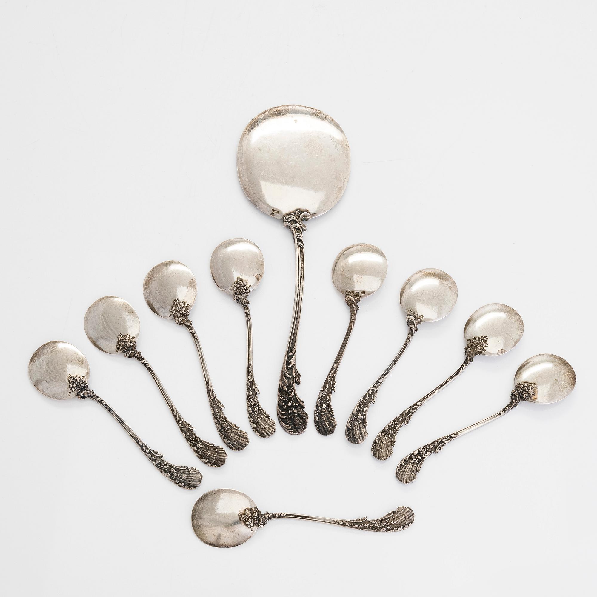 Glasskedar, 9 st, och serveringsspade, silver, Tyskland 1900-talets första hälft.