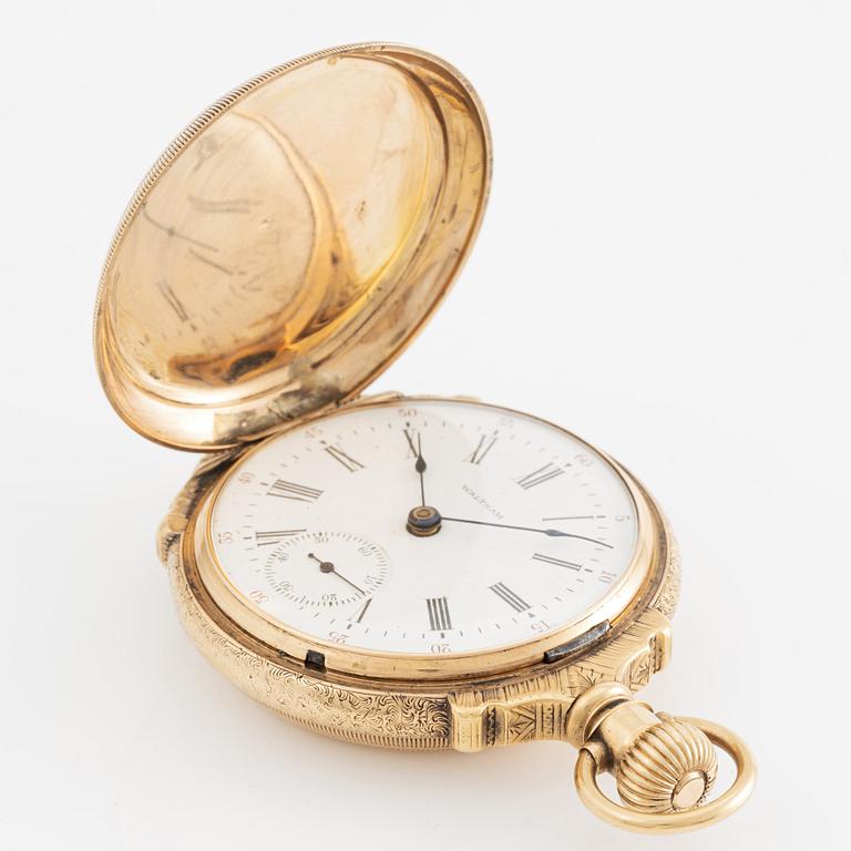 American Waltham Watch Co, fickur, savonett, 14K guld, med kedja, 53,5 mm.