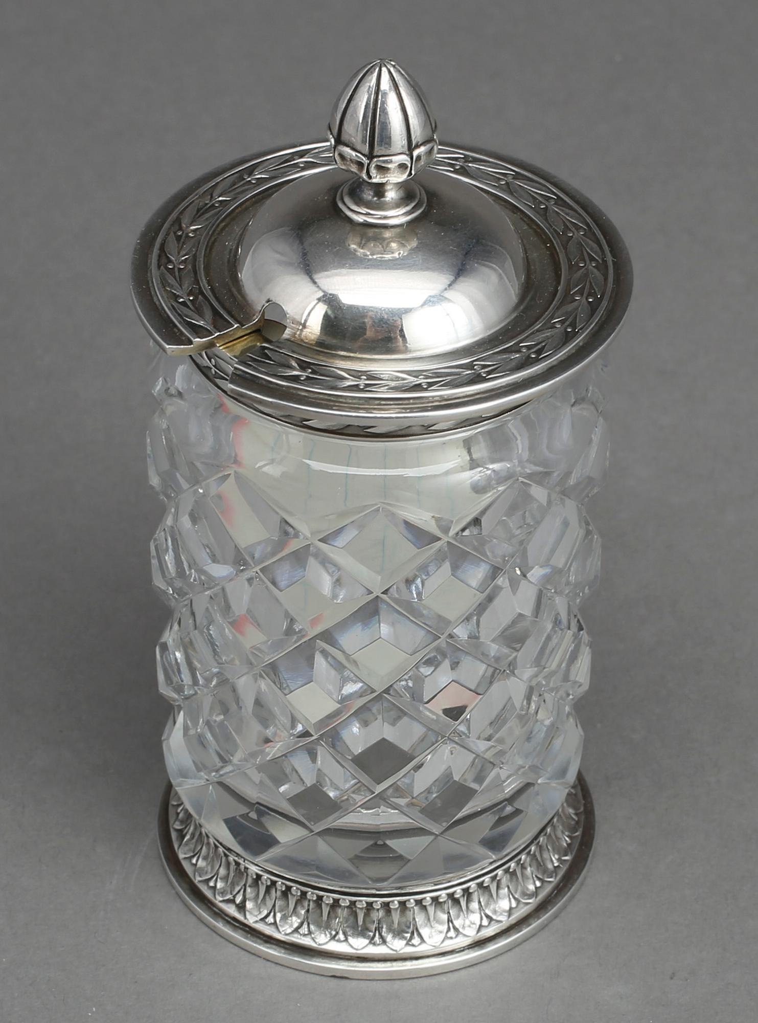 MARMELADBURK/SENAPSBURK, silver och glas. W A Bolin, Stockholm 1919.