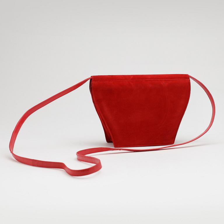 CHARLES JOURDAN, a pair of red suede pumps with matching shoulder bag.