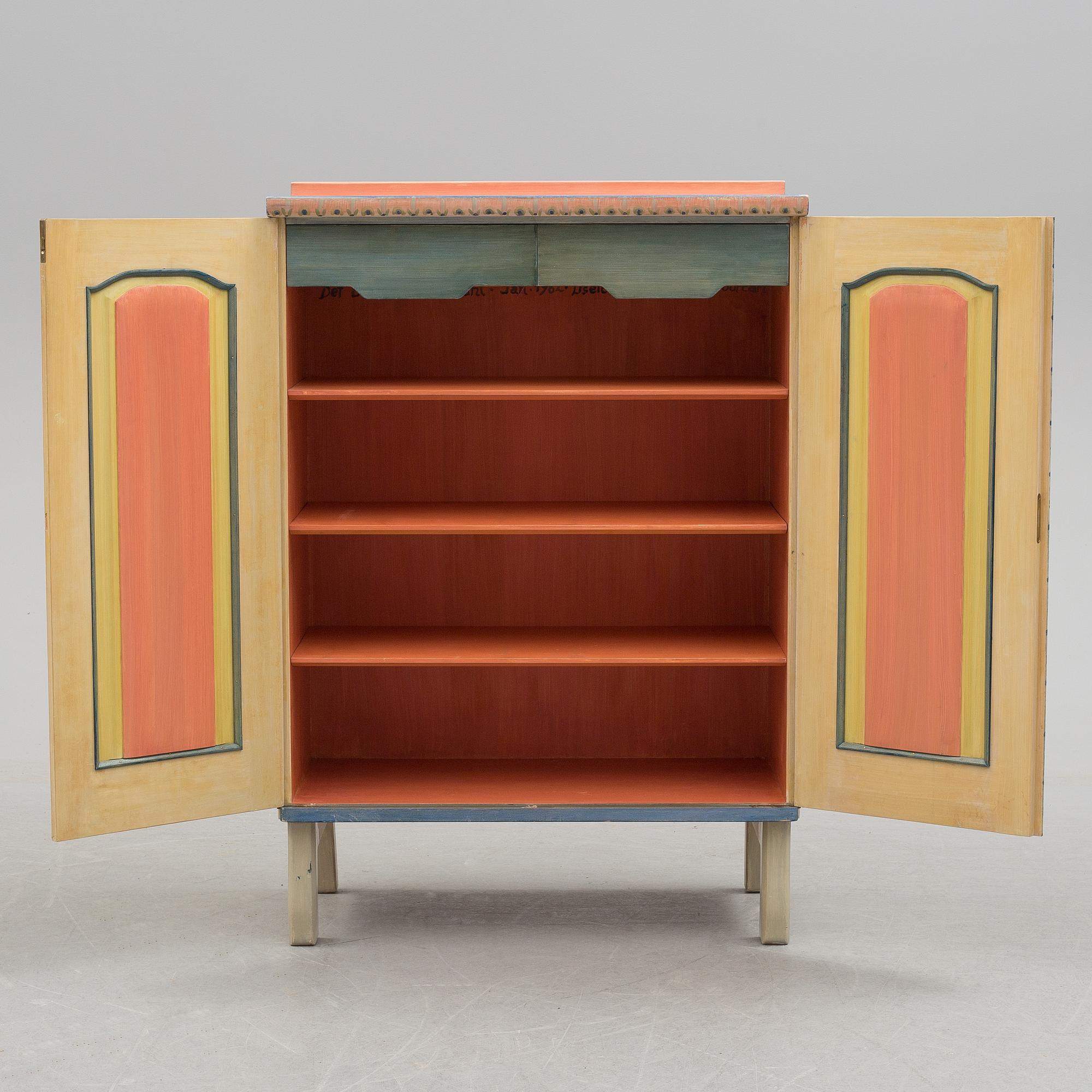 A Vidar Malmsten painted cabinet, Carl Malmsten AB, Sweden 1985, decorated by Liselotte Malmsten.