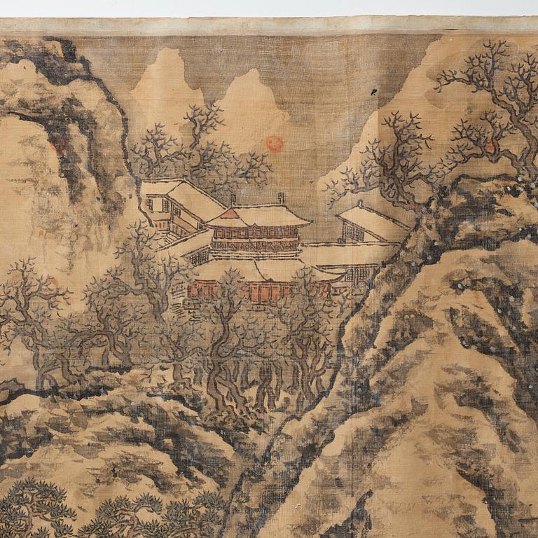 RULLMÅLNING, tusch och färg på siden. Signerad Shen Zhou (1427-1509), efter. Kina, 1900-tal.