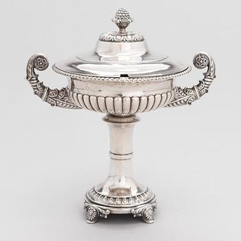 A 19th-century lidded silver sugar bowl, maker's mark of Gustaf Folcker, Stockholm 1833.