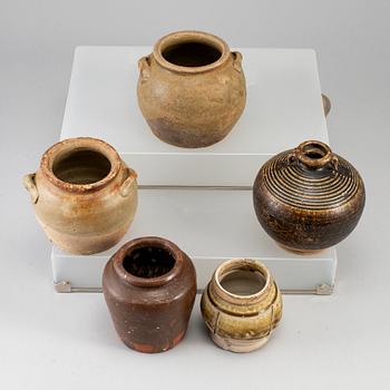 Five pottery jars, Sotuh east asia, 19th/20th century.