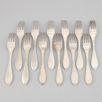 Twelve silver forks by Johan Carlsson, Norrköping, 1821-30.