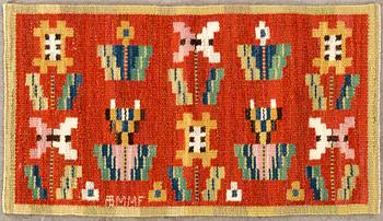 MÄRTA MÅÅS-FJETTERSTRÖM -  A TEXTILE,"Blommor på röd botten", flat weave, signed AB MMF,