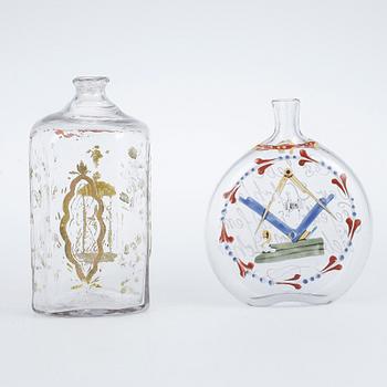 FLASKOR, 2 st, bemålade, sannolikt Tyskland 1800-tal.