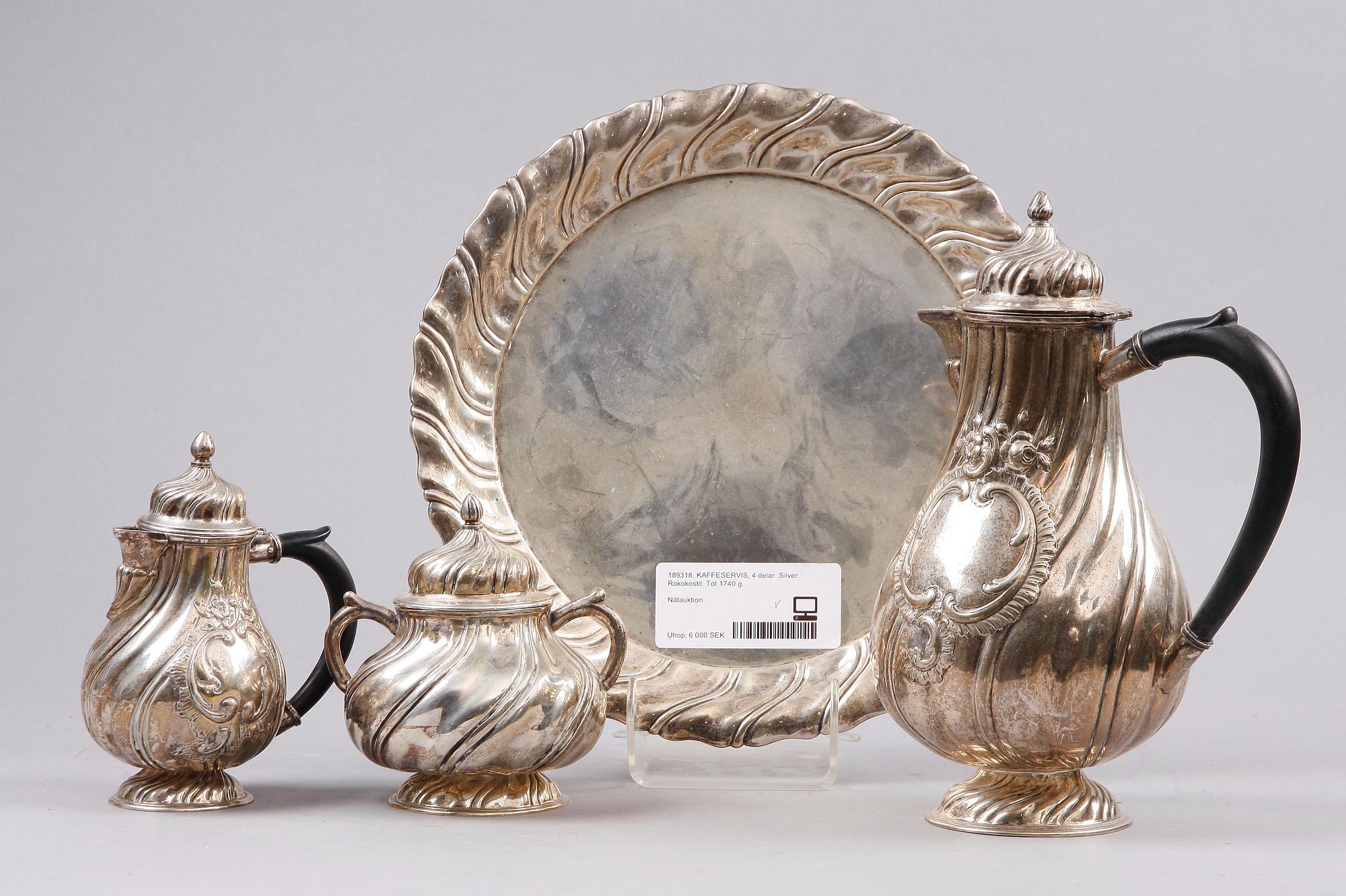 KAFFESERVIS, 4 delar. Silver. Rokokostil. Tot 1740 g.