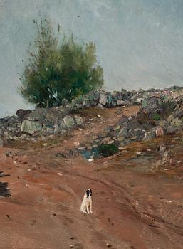 Carl Fredrik Hill, "Väg med sittande hund, Fontainebleau" (Road with sitting dog, Fontainebleau).