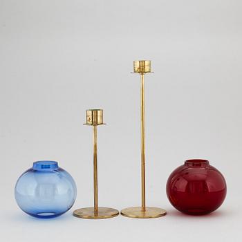 HANS-AGNE JAKOBSSON, two glass and brass candle holders, for Markaryd.