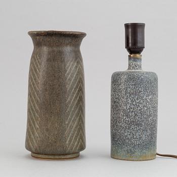 Carl-Harry Stålhane, a stoneware vase, Rörstrand Ateljé and a table light, Rörstrand, second half of the 20th Century.