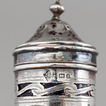 A set of three 20th century silver spice casters and a mustard jar, Denmark / England. Silver weight ca 152 g.