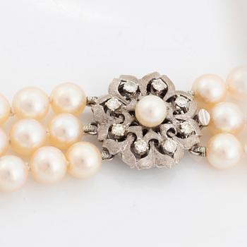 A three strand cultured pearl necklace.