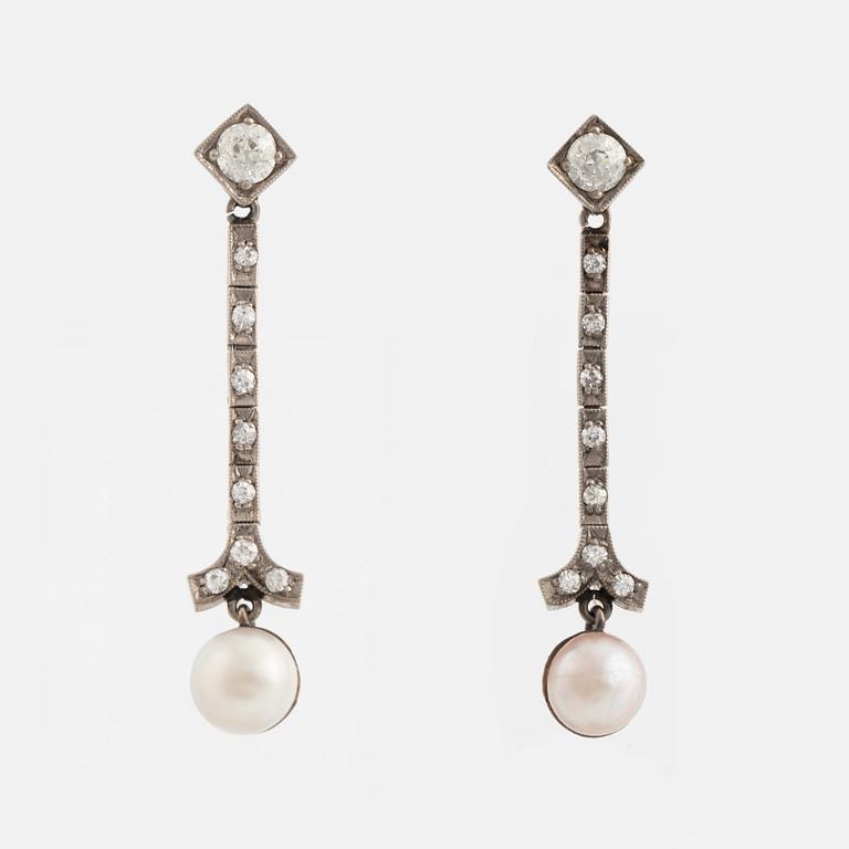 A pair of 18K gold and cultured halfpearl and diamond earrings.