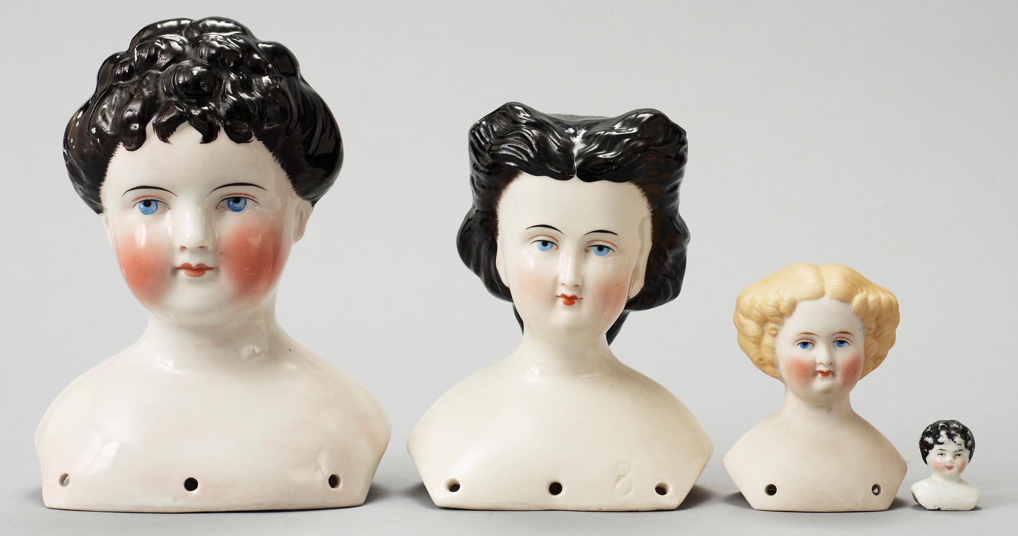 DOCKHUVUDEN, 4 st. Sk "China Heads" och "Parian Head", Tyskland, 1800-talets andra hälft.