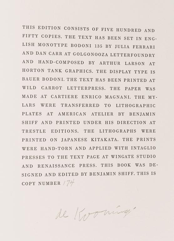 WILLEM DE KOONING, Poems by Frank O'Hara with litographs by Willem De Kooning. Limited Editions Club 1988, 174/550.