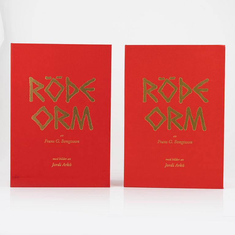 Jordi Arkö, färglitografiska mappar, 2 st, 1991, av Frans G Bengtsson och med 105 litografier av Jordi Arkö vardera.
