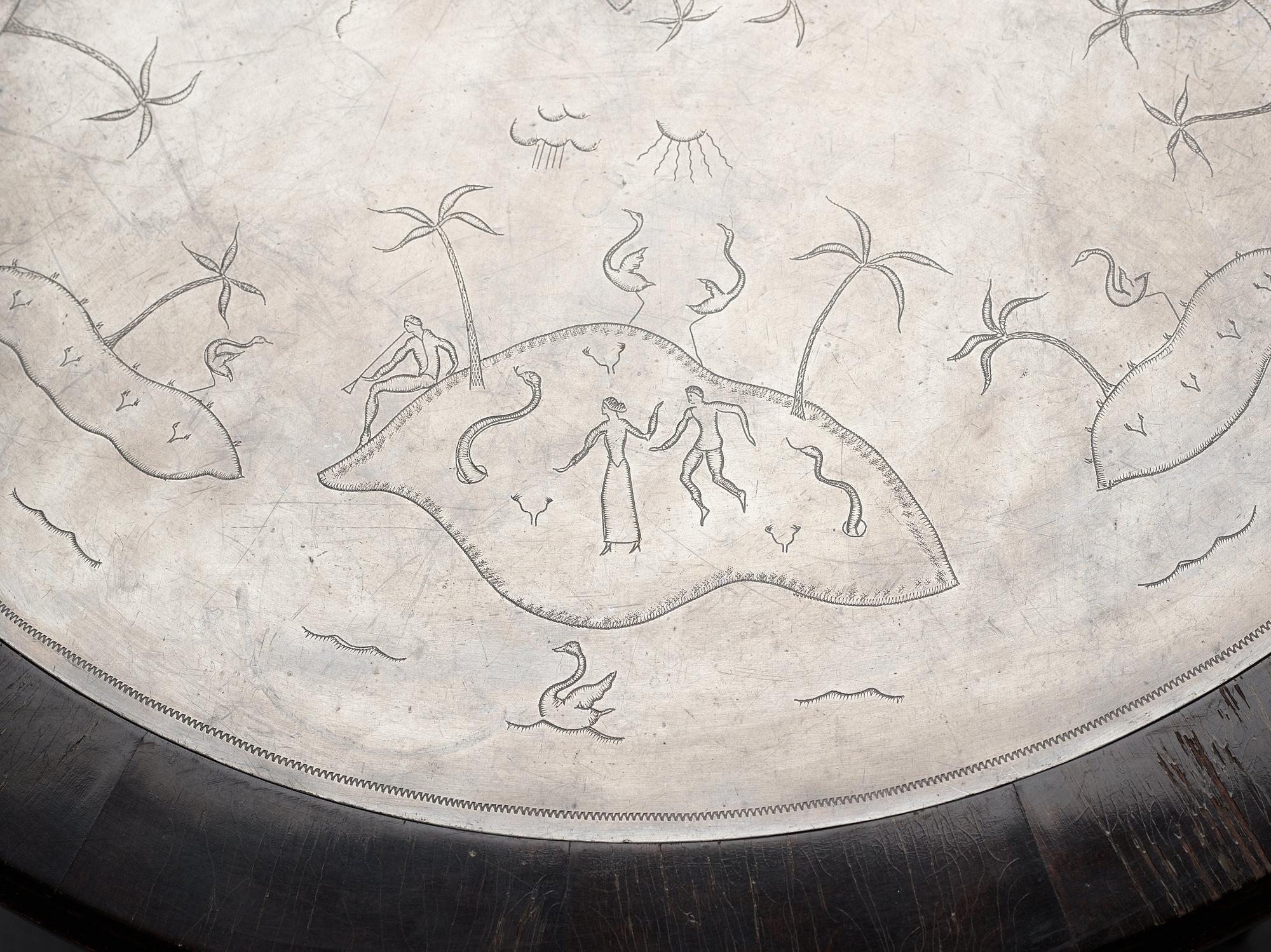 A Nils Fougstedt engraved pewter top table, Svenskt Tenn, Stockholm 1926.