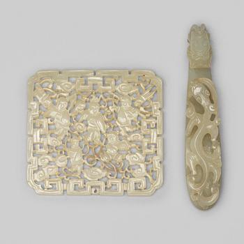 A nephrite belt hook and object, presumably late Qing dynasty, circa 1900.