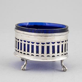A Swedish 18th century silver and blue glass salt cellar, mark of Pehr Zethelius, Stockholm 1794.