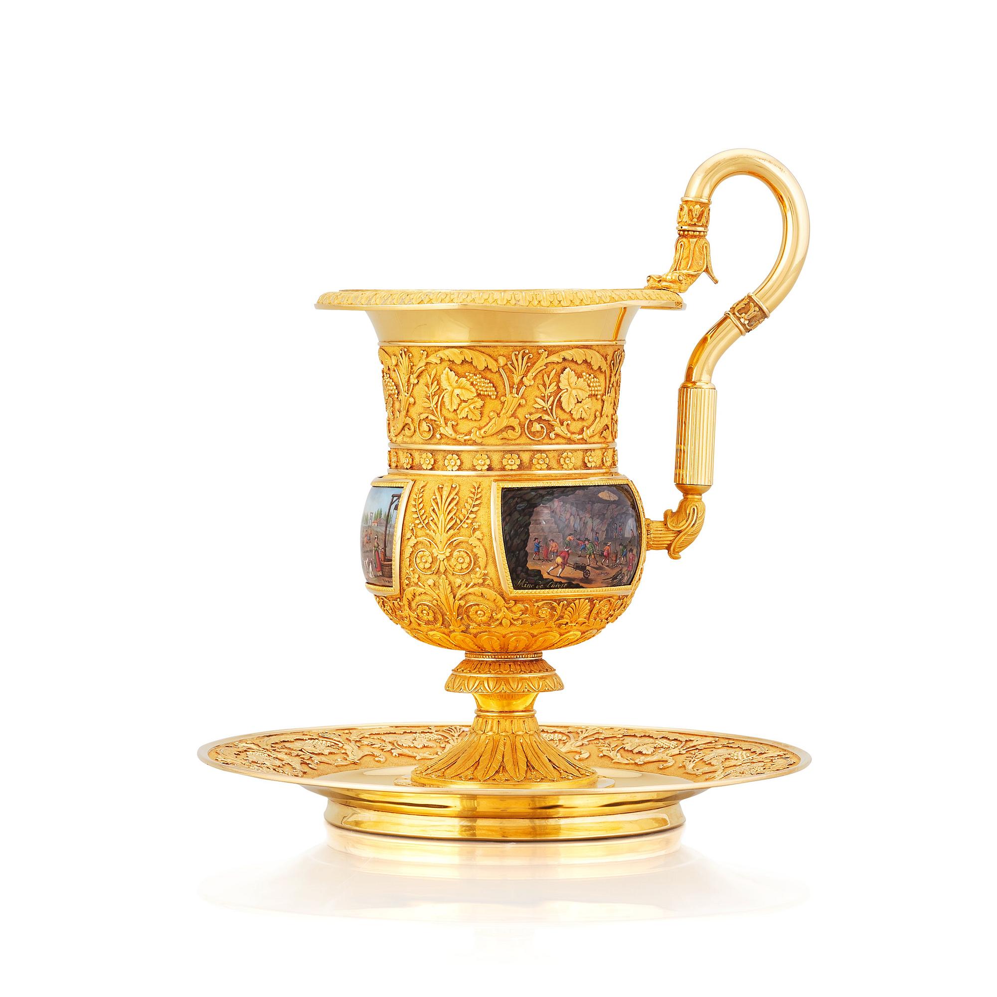 Paradkopp med fat, "The Demidoff cup", guld och emalj, Gabriel-Raoul Morel, Paris, daterad 1824.