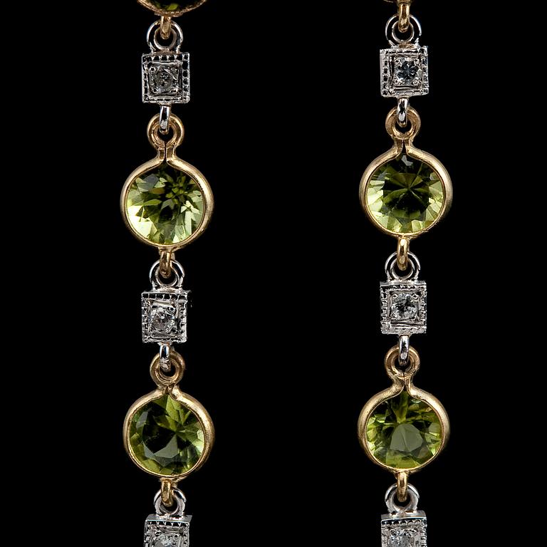 A PAIR OF PENDANT EARRINGS, peridotes, brilliants and briolette cut amethysts.