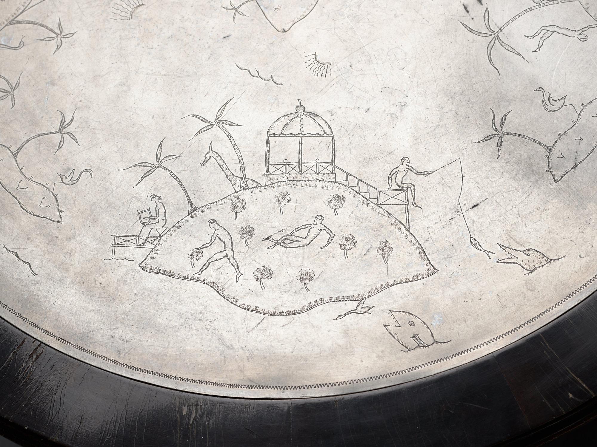 A Nils Fougstedt engraved pewter top table, Svenskt Tenn, Stockholm 1926.