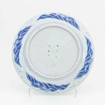 A blue and white large Japanese dragon dish, 20th century.