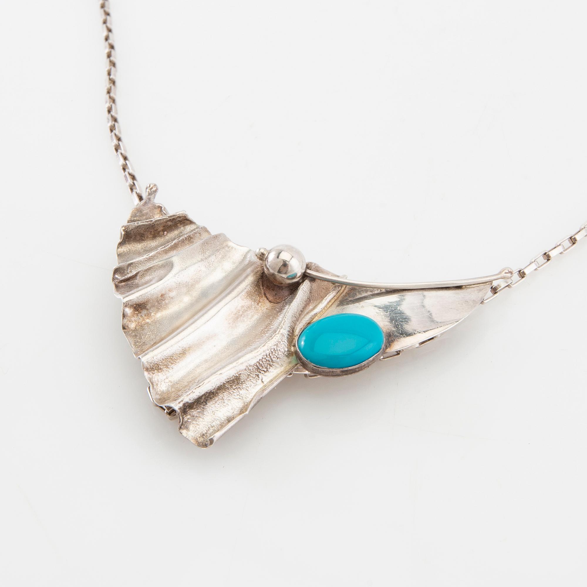Necklace, ring and earrings of silver with turquoises, Avi Soffer Israel.