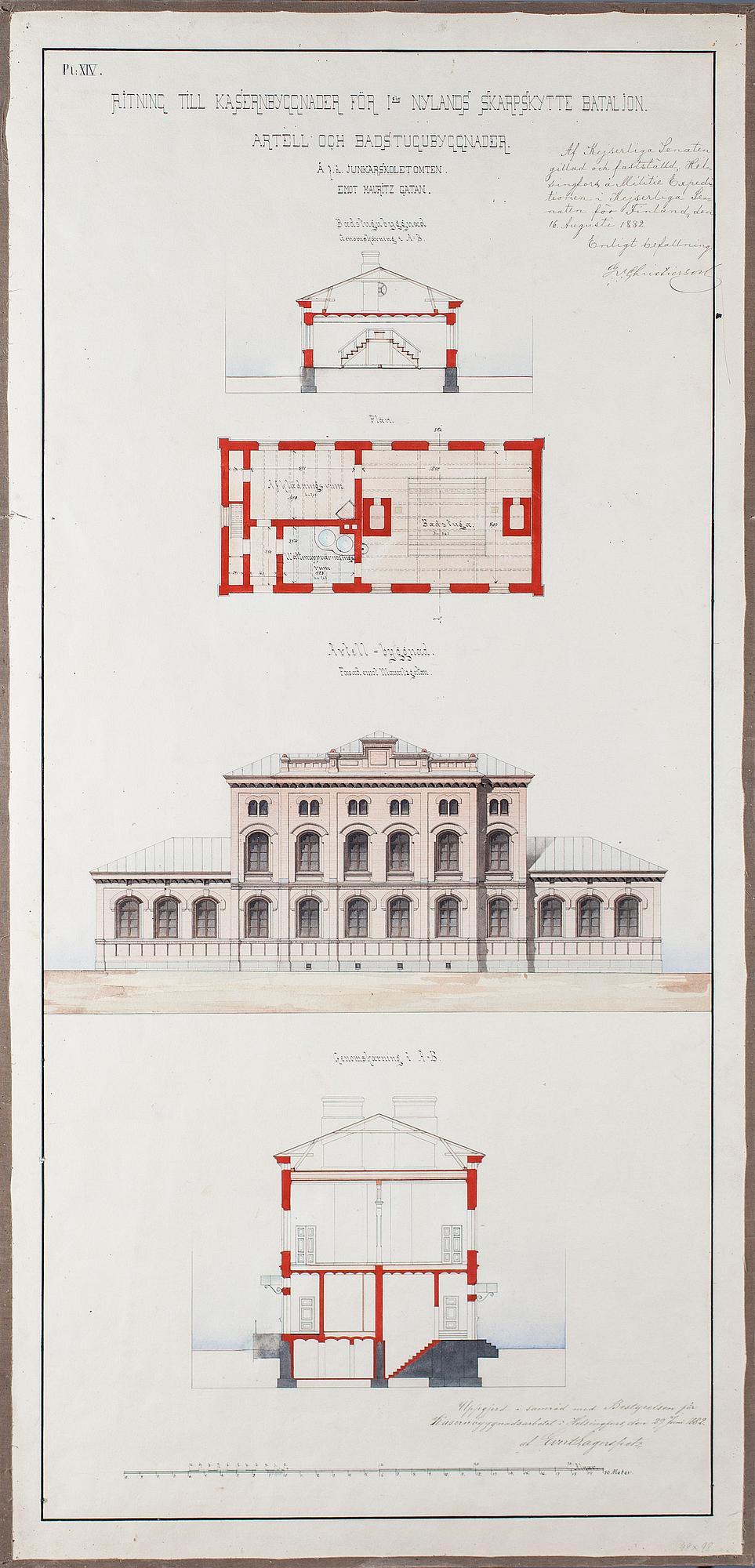 ARKITEKTRITNINGAR, 2 st, akvarell, daterade 27 april och 16 augusti 1882 i Helsingfors.