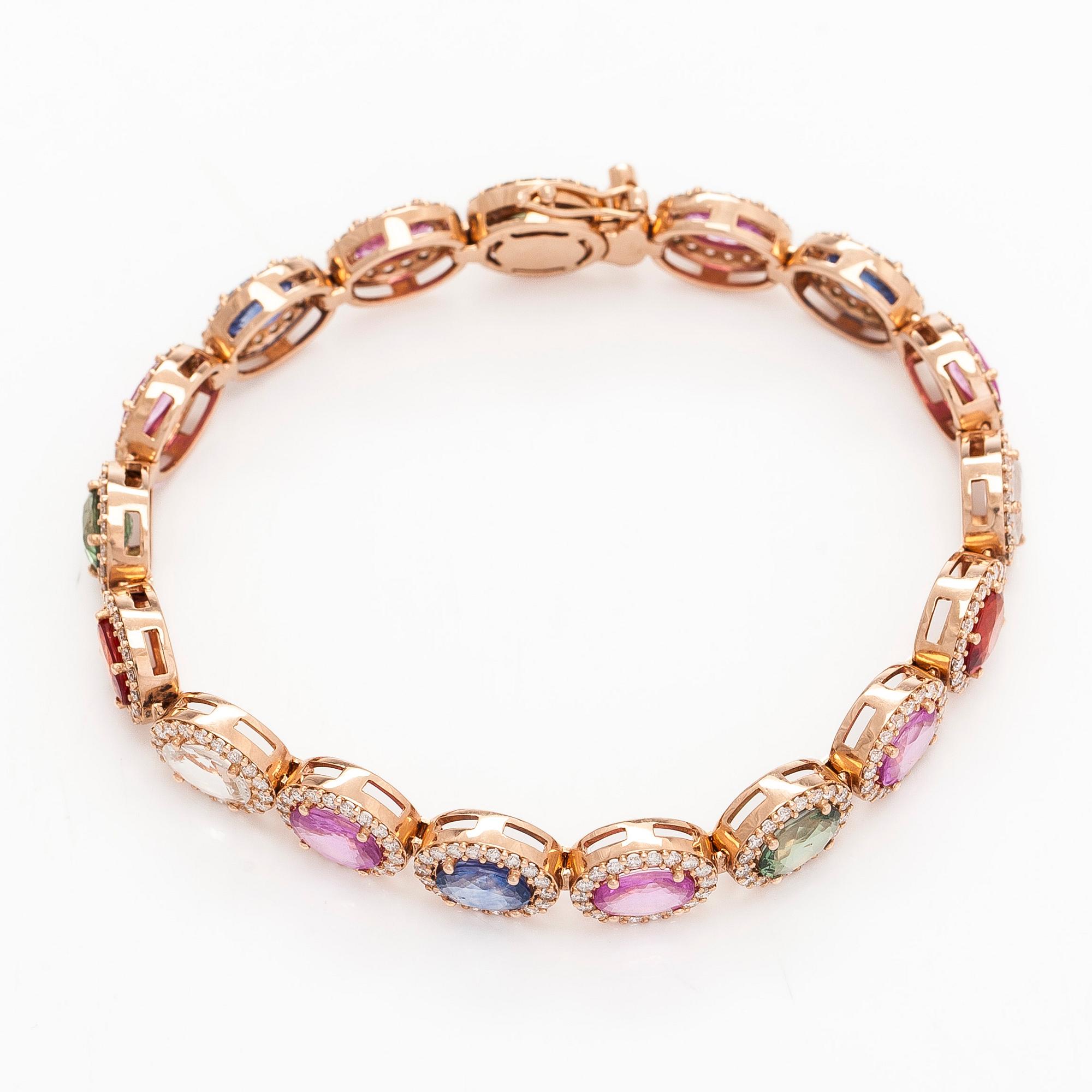 A multi colour sapphire and diamond bracelet in 14K rosegold.