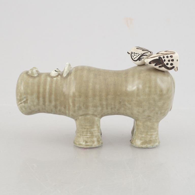 Lisa Larson, figurin, stengods, "Flodhäst med fåglar", Gustavsberg 1966-1970.