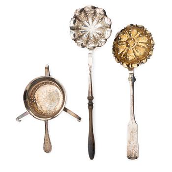 Tea strainers, 3 pcs, silver, Sweden and Finland, 19th century.