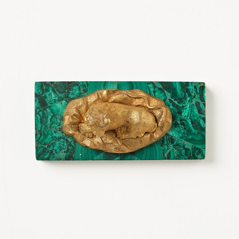 A Russian Nicholas II malachite-veneered and gilt-bronze paperweight, late 19th century.