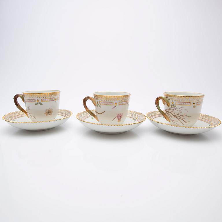 Royal Copenhagen, Coffee cups with saucers, three pieces, porcelain, 'Flora Danica', Royal Copenhagen, Denmark, 20th century.
