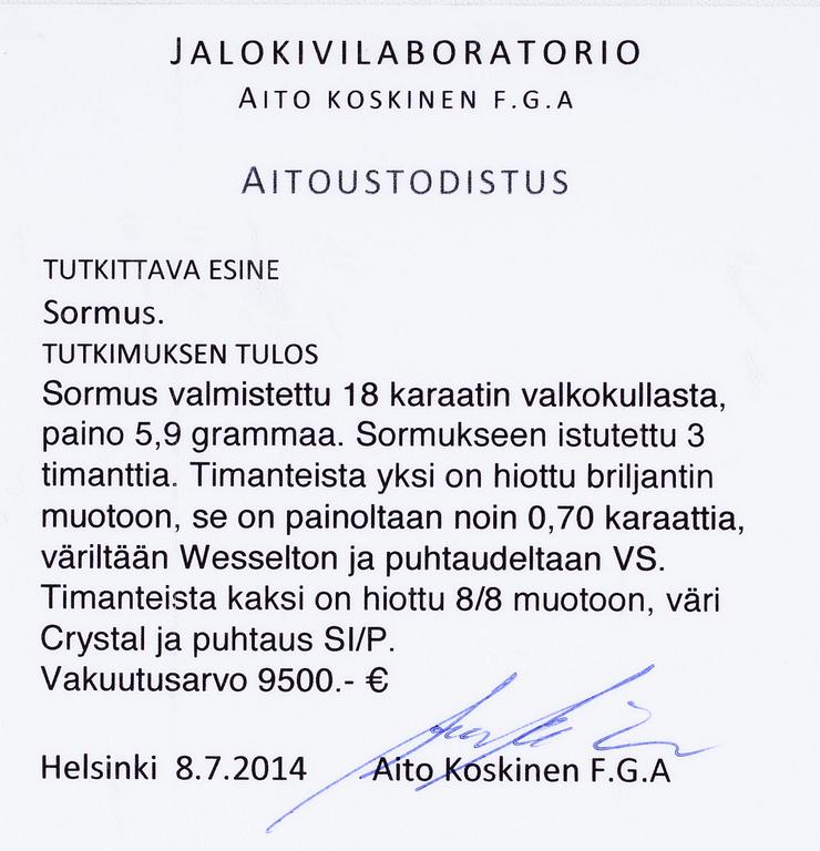 RING, 18K vitguld, mittstenen briljantslipad diamant 0,70 ct. Vikt 5,9 g. Intyg.